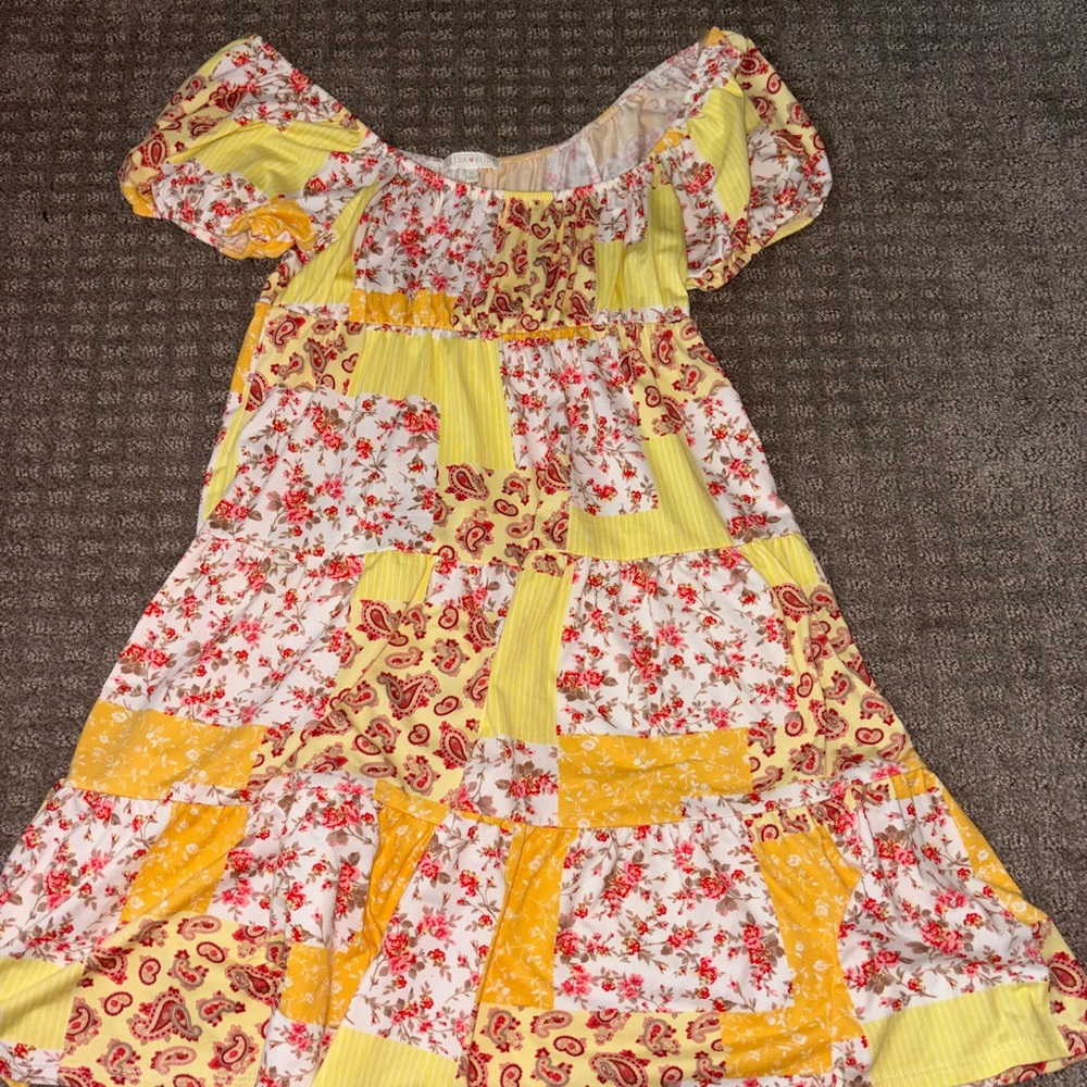 Floral Patchwork Kids Dress - Yellow and Red